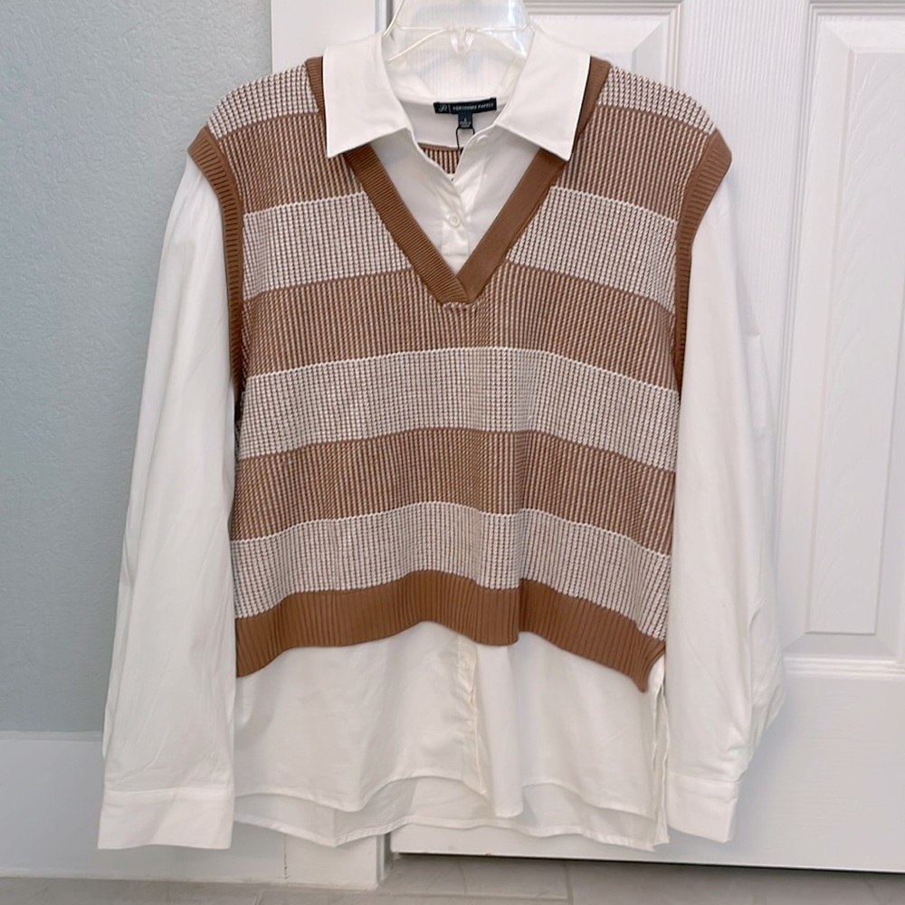 Brown and White Striped Sweater Vest with White Shirt